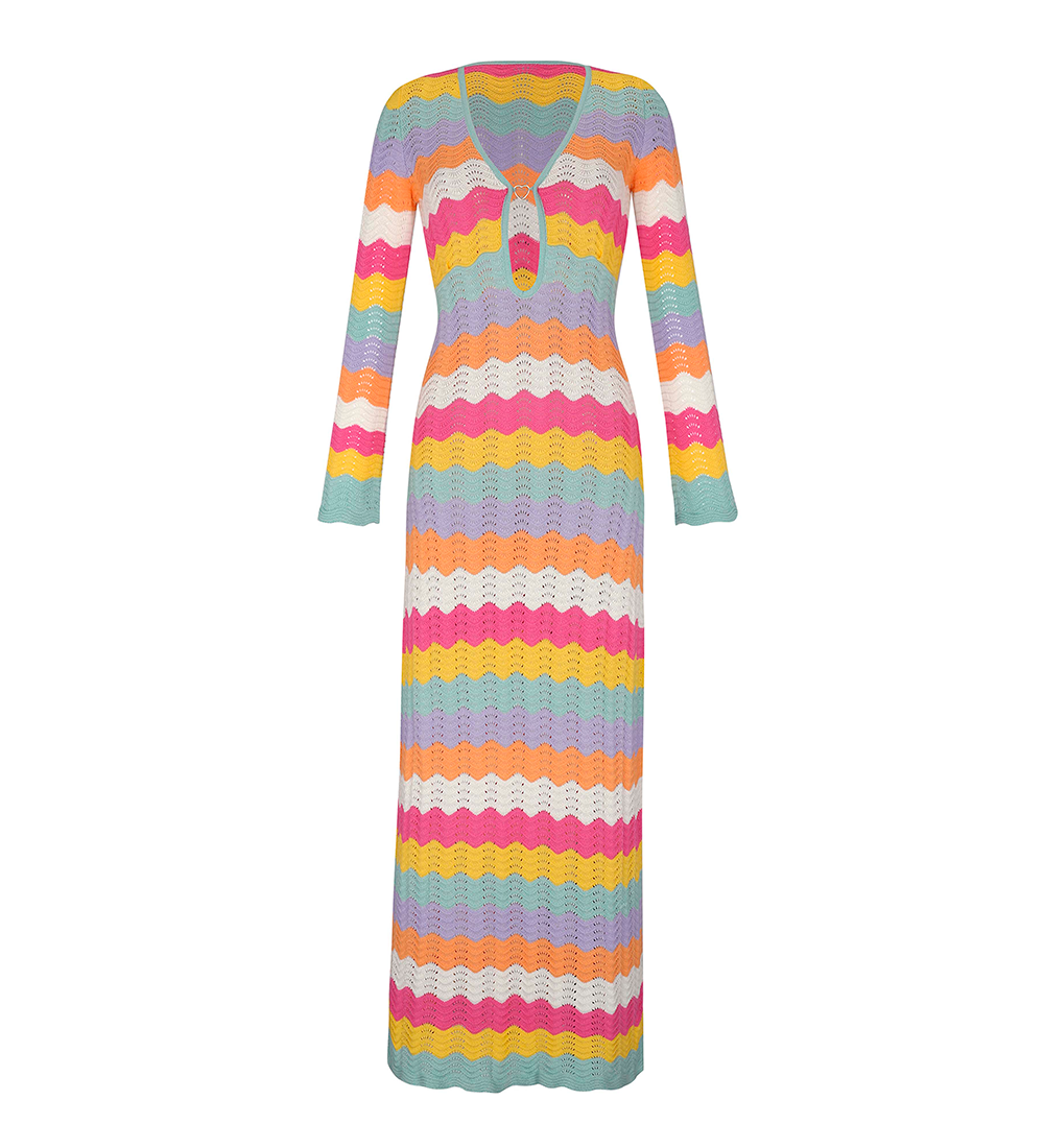 hole-punch multicolor knit maxi dress Ella Stripe Long Sleeve Cover-Up in Pink Rainbow wishes